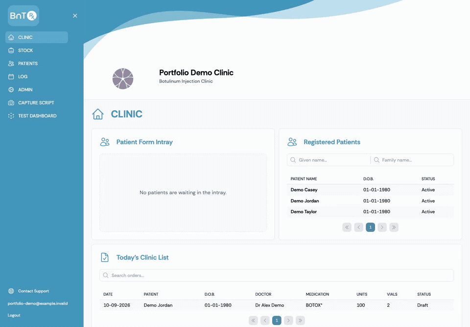 BnTRx Clinic demo showing a clinic dashboard, prescription order submission, vial stock reconciliation and stock history using synthetic patient data.